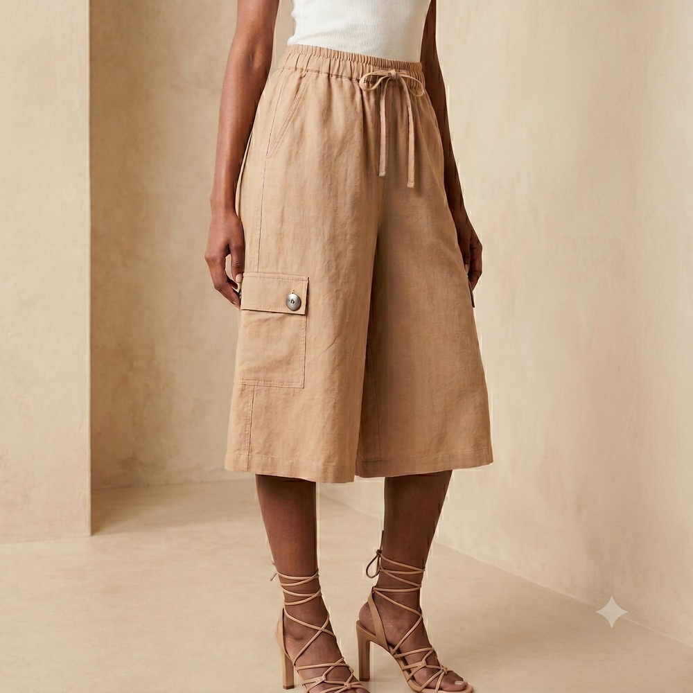 Turtle Bay Tan 100% Cotton Cargo Bermuda Wide Leg Drawstring Shorts Y2K Women S